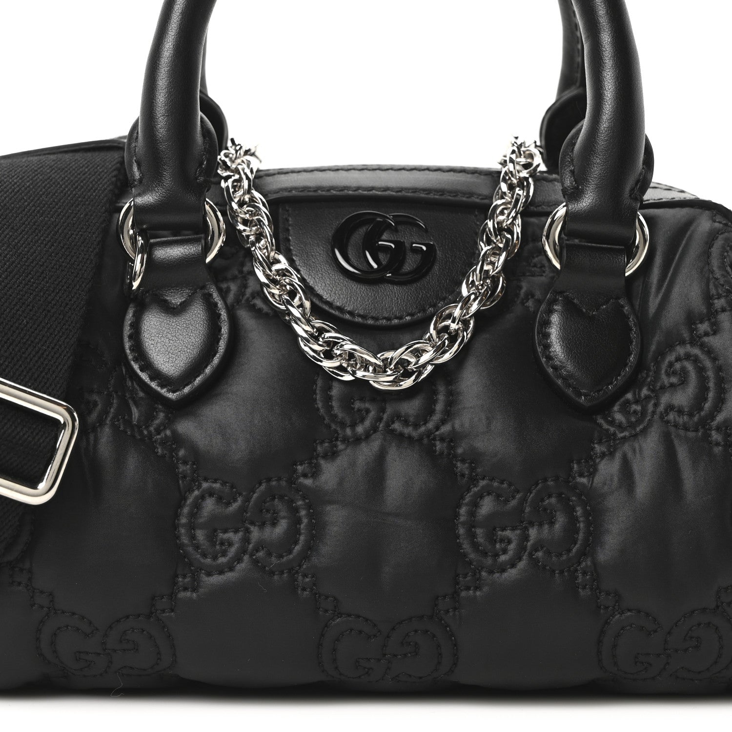 Gucci Nylon Calfskin Enamel GG Matelasse Mini Bowler Bag Black