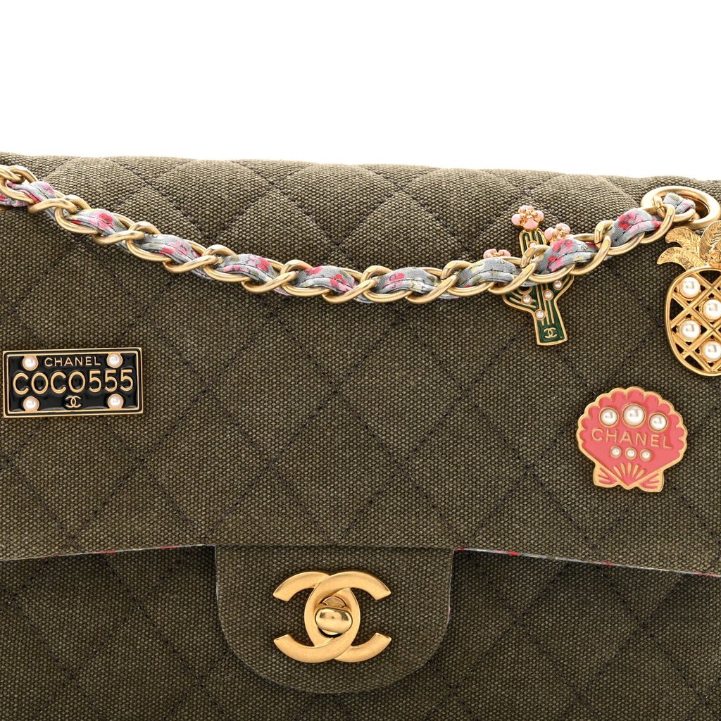 Chanel Canvas Quilted Coco Cuba Charms Medium Double Flap Khaki