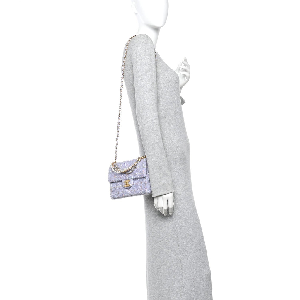 Chanel Tweed Quilted Pearl Twist Mini Rectangular Flap Purple