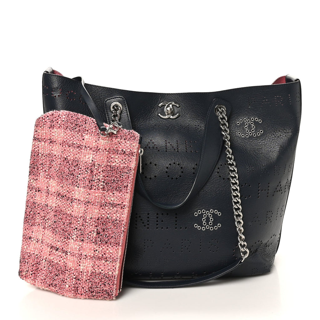 Chanel Calfskin Tweed Small Logo Eyelets Shopping Tote Navy Blue
