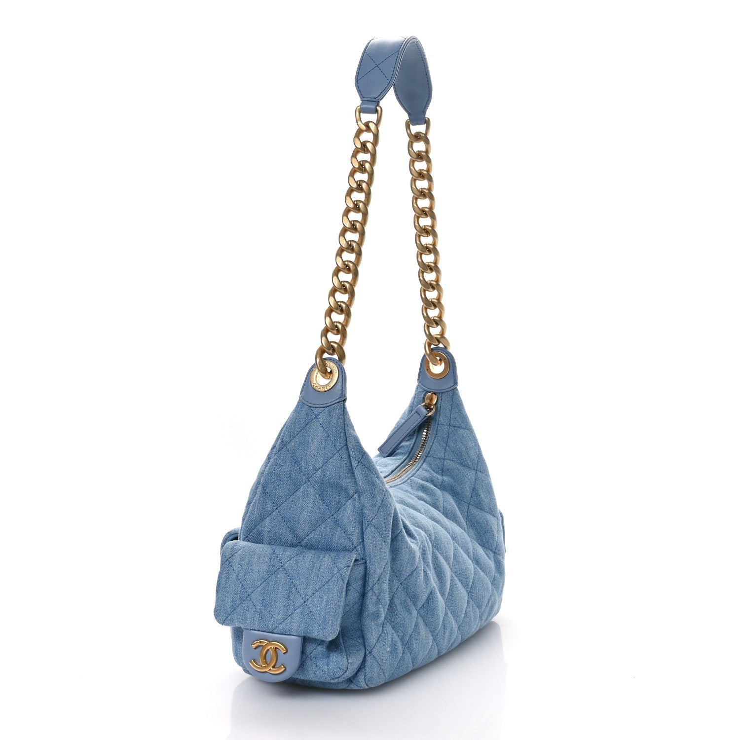 Chanel Washed Denim Quilted Cargo Large Hobo Light Blue