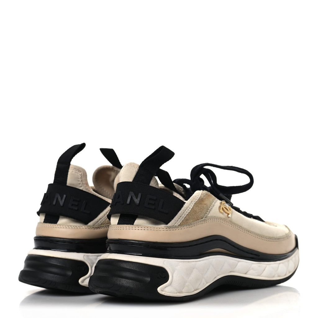 Chanel Velvet Calfskin Mixed Fibers CC Sneakers 37 Beige