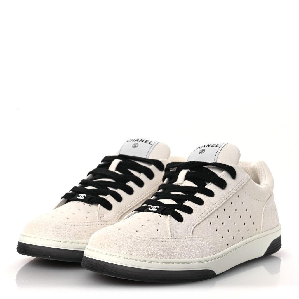 Chanel Suede Calfskin Logo Sneakers 40 Black White