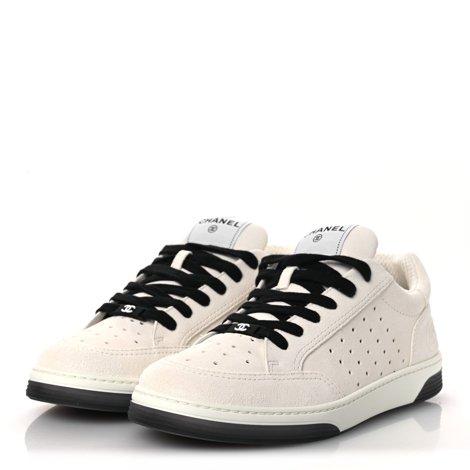 Chanel Suede Calfskin Logo Sneakers 40 Black White