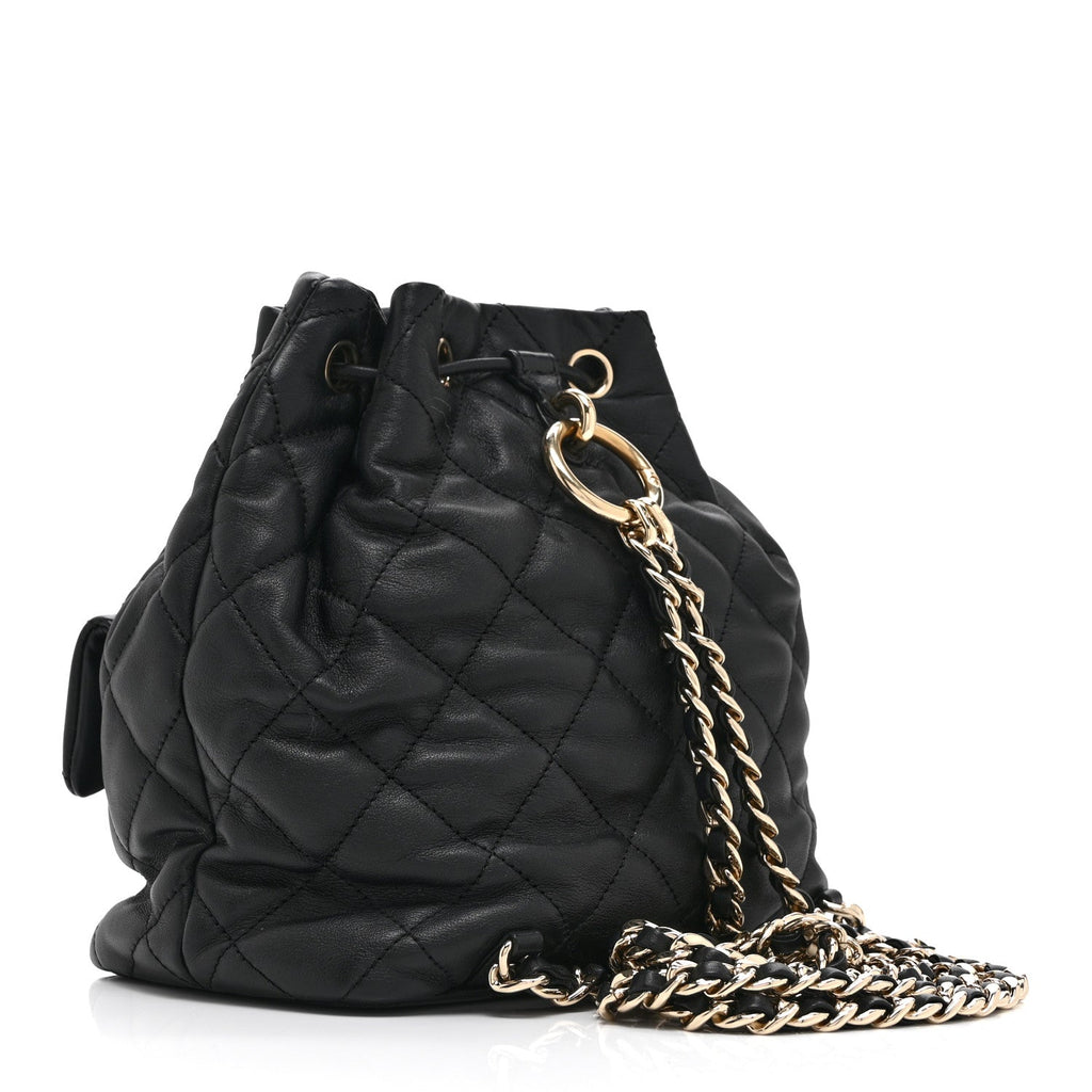 Chanel Lambskin Quilted Double Pocket Drawstring Backpack Black