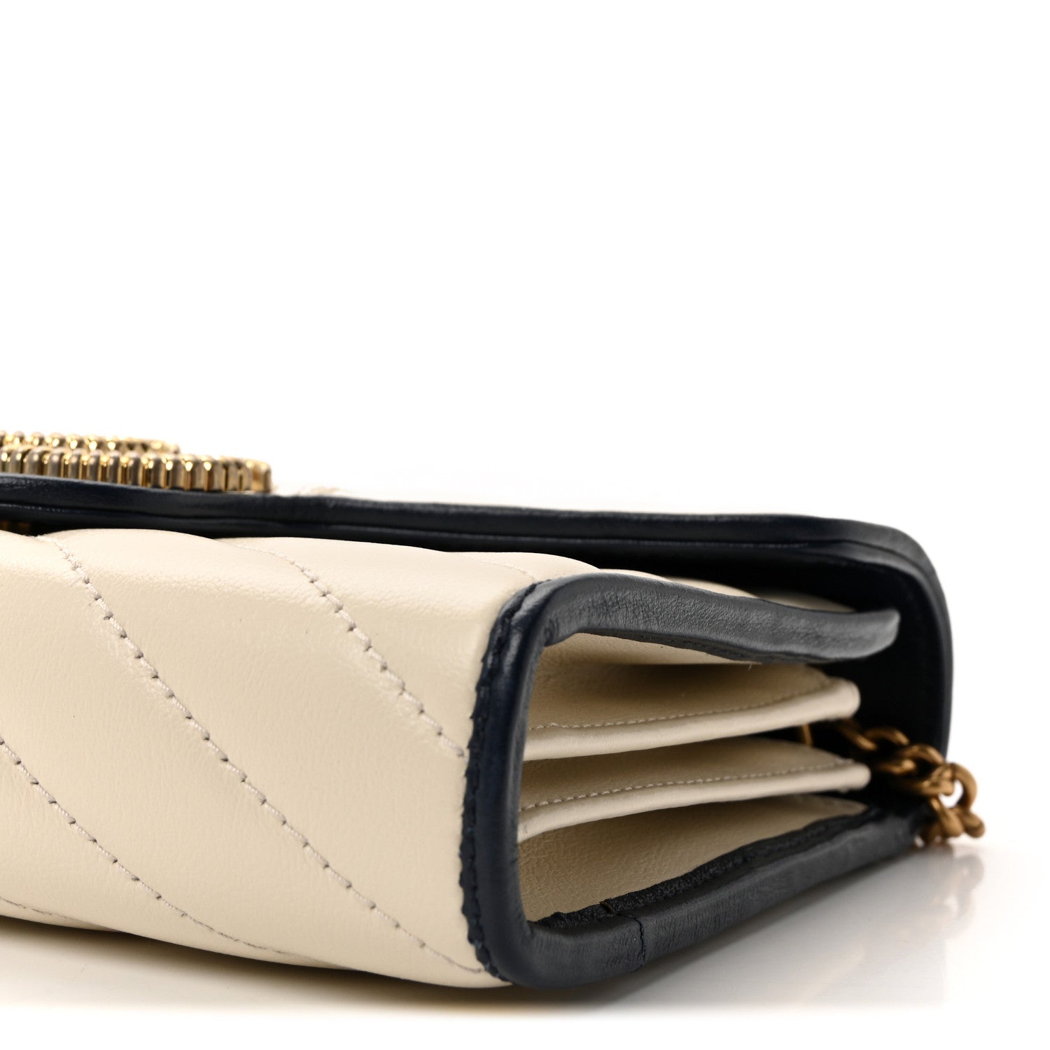 Gucci Vintage Effect Calfskin Matelasse Diagonal Torchon GG Marmont Chain Wallet Mystic White Blue Agata