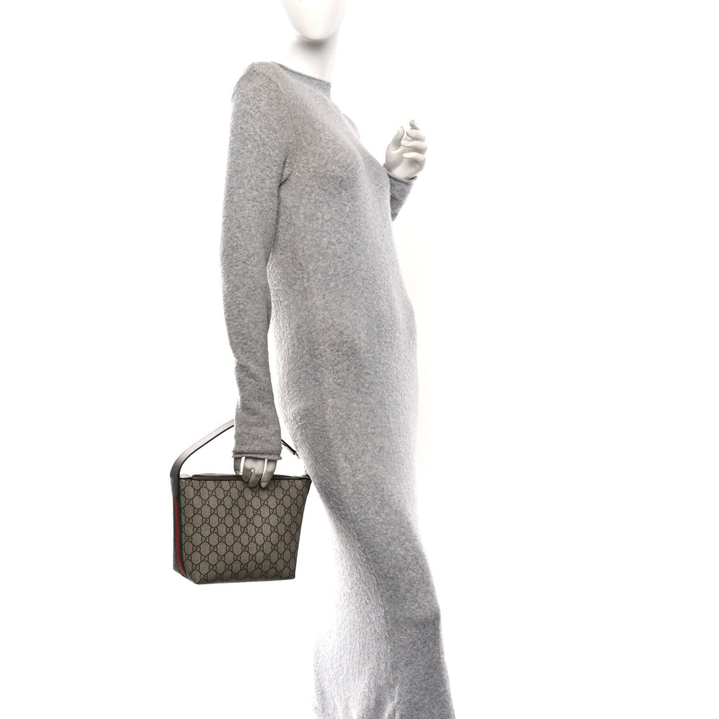 Gucci GG Supreme Monogram Textured Calfskin Web Super Mini Ophidia Shoulder Bag Beige Ebony New Acero