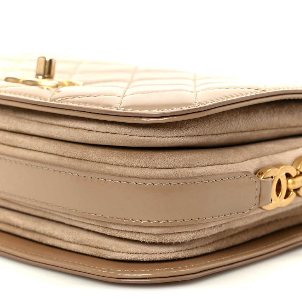 Chanel Shiny Calfskin Quilted Suede Goatskin Mini Messenger Beige