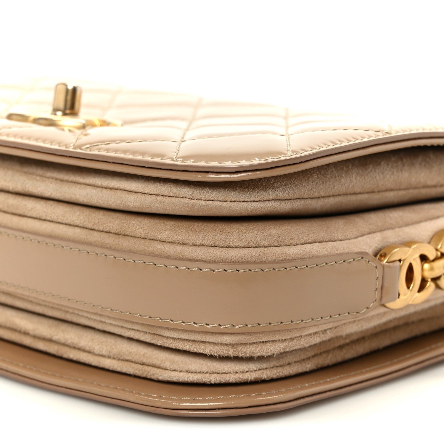 Chanel Shiny Calfskin Quilted Suede Goatskin Mini Messenger Beige