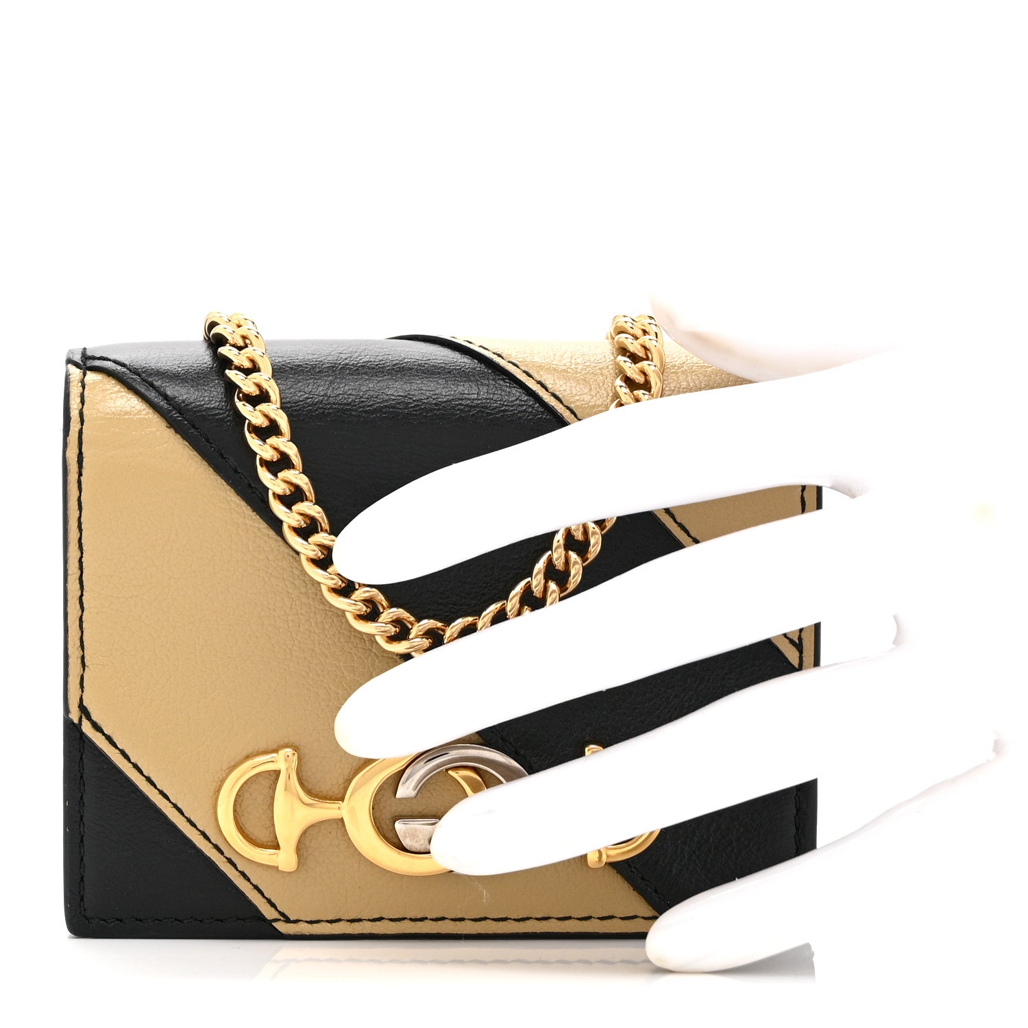 Gucci Calfskin Diagonal Striped Zumi Chain Card Case Wallet Black Beige