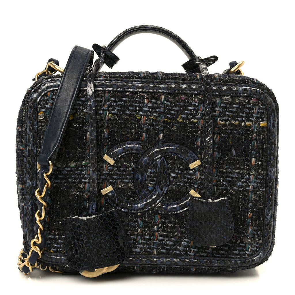 Chanel Tweed Snakeskin Quilted Medium CC Filigree Vanity Case Dark Navy