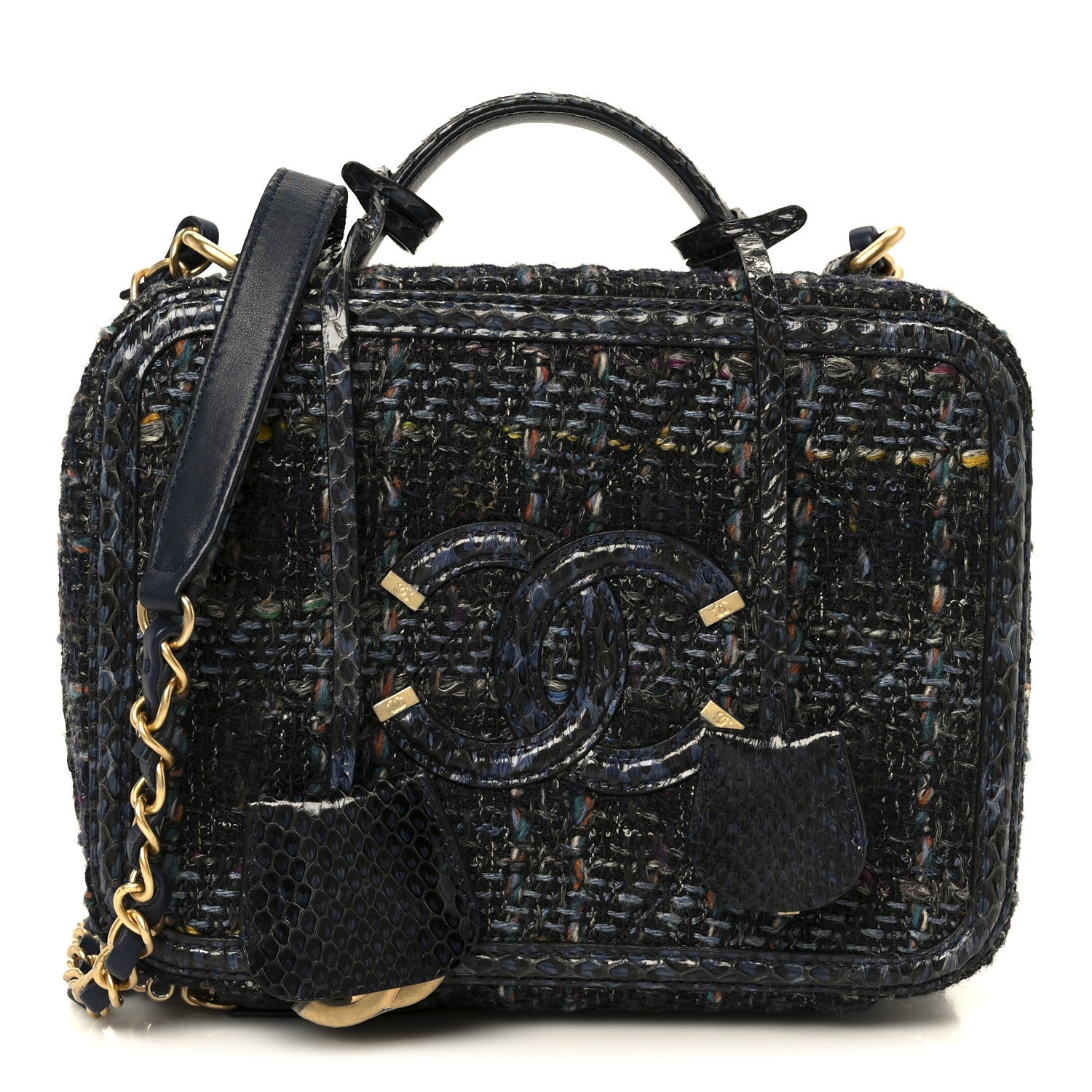 Chanel Tweed Snakeskin Quilted Medium CC Filigree Vanity Case Dark Navy