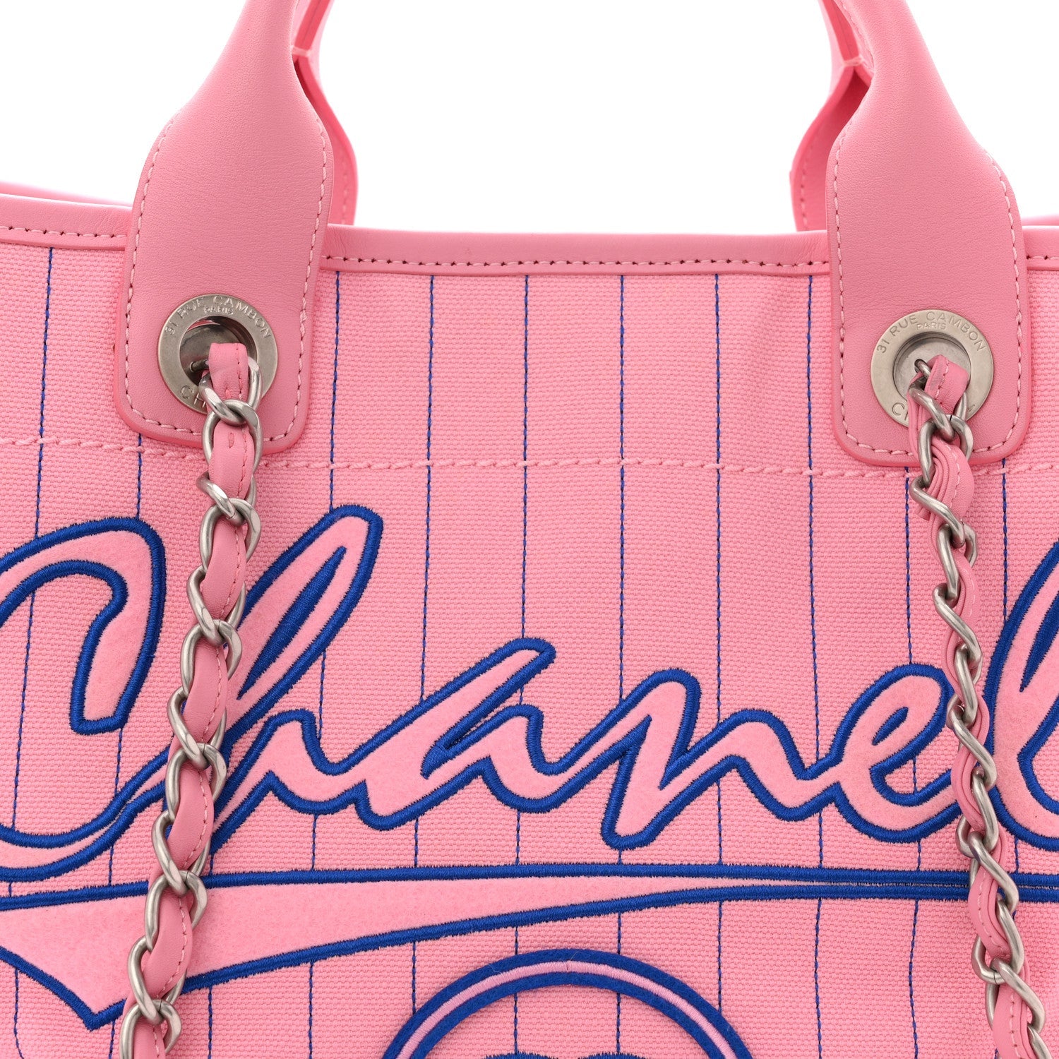 Chanel Canvas Calfskin Striped Large Deauville Tote Pink Blue