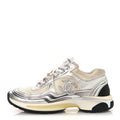 Fabric Laminated Calfskin Stretch CC Womens Sneakers 38.5 White Gold Silver