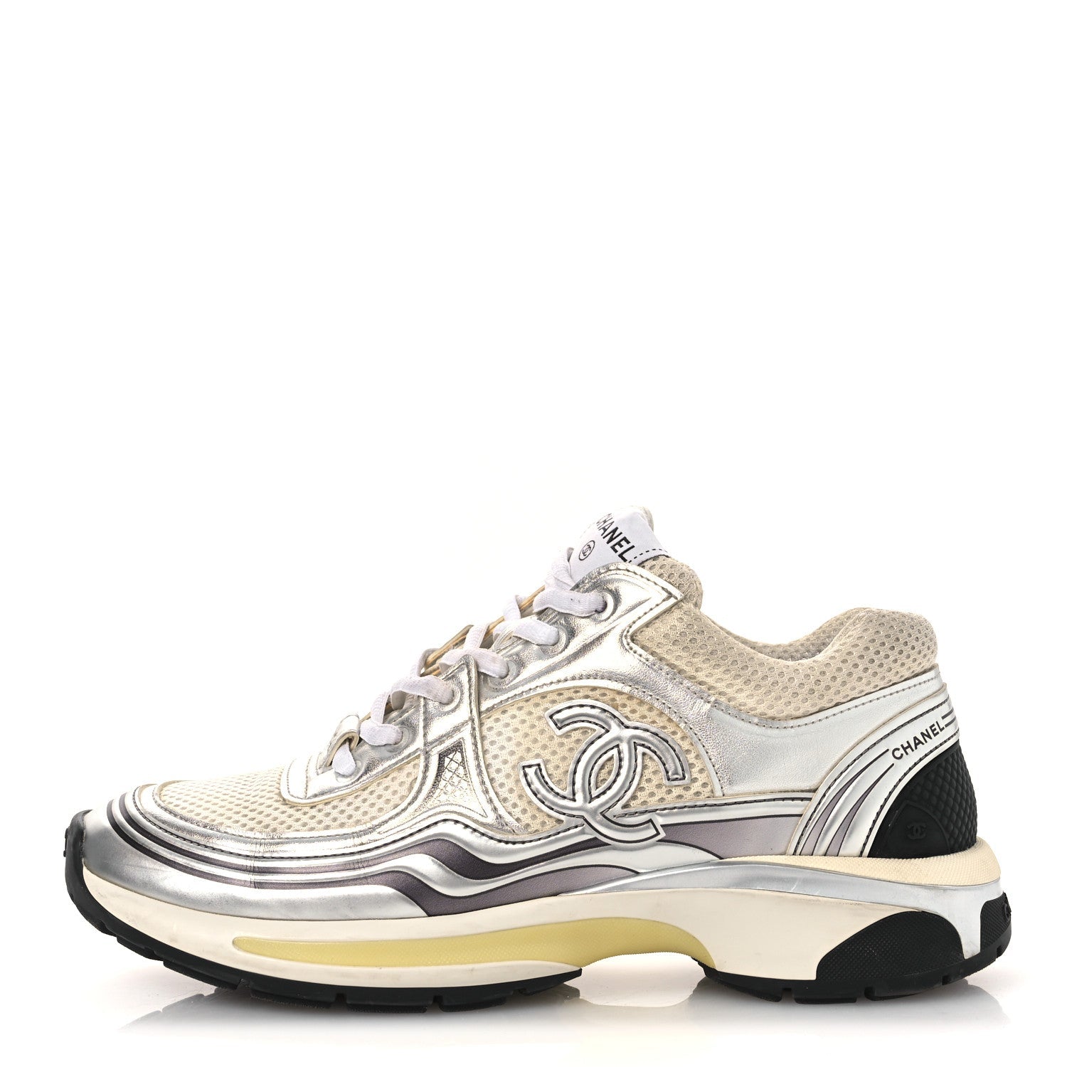 Fabric Laminated Calfskin Stretch CC Womens Sneakers 38.5 White Gold Silver