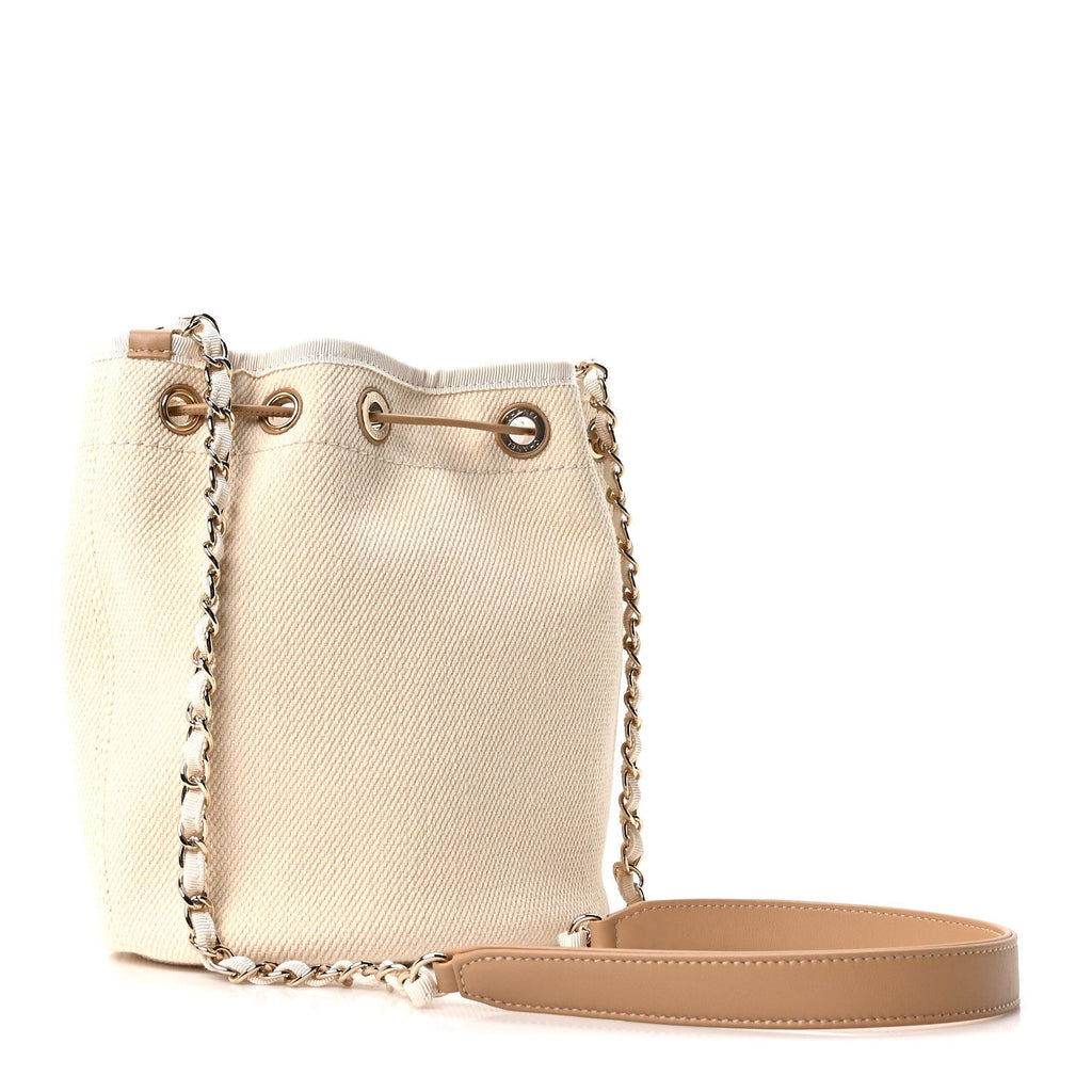 Chanel Canvas Pearl Deauville Drawstring Bucket Bag Ecru Beige