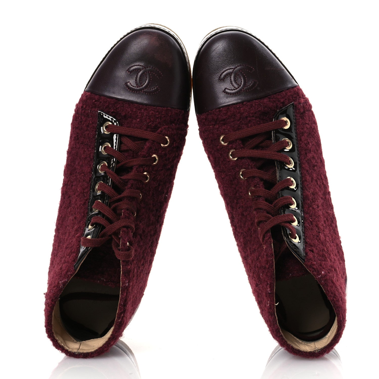 Chanel Tweed Calfskin Patent CC Lace Up Short Boots 39 Burgundy