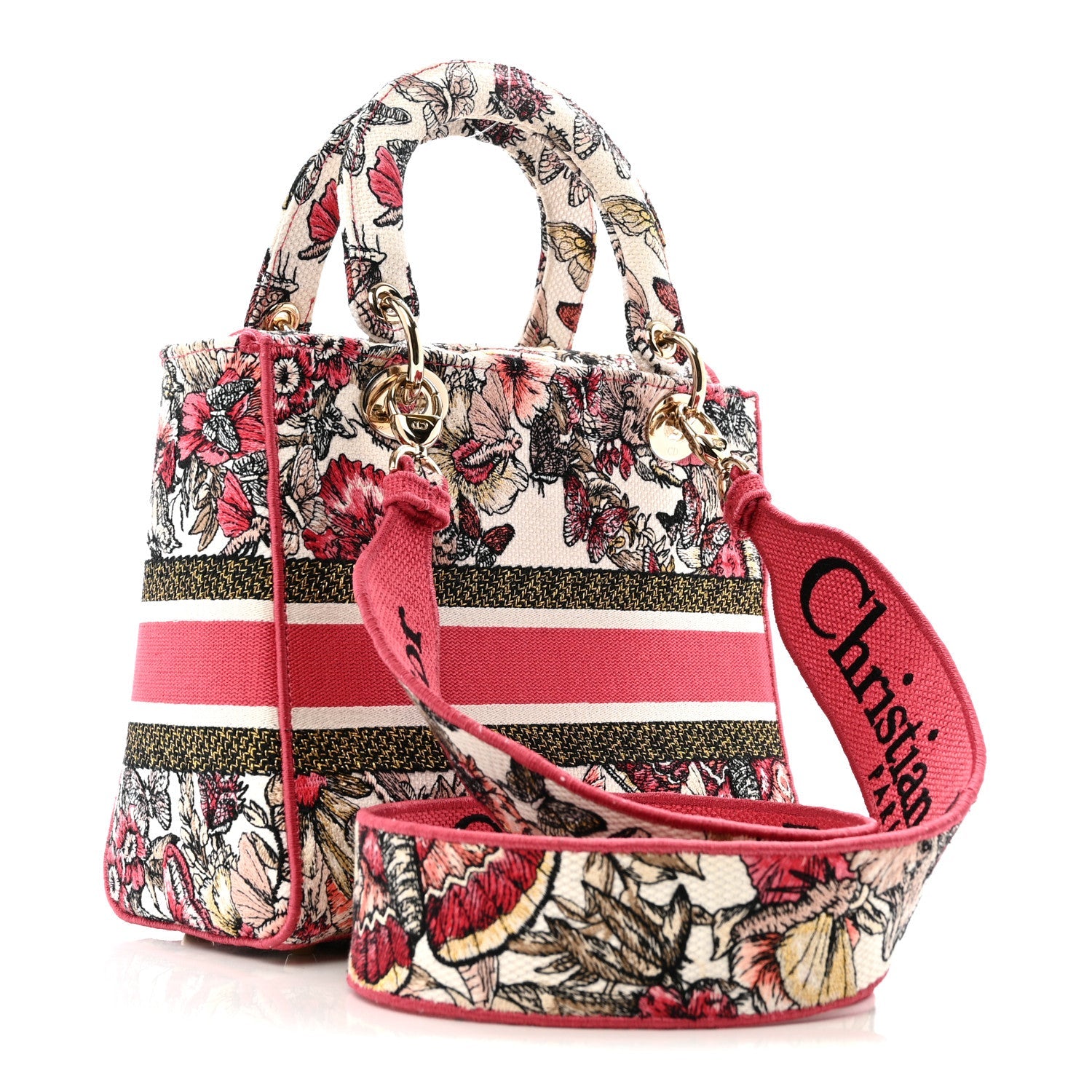 Christian Dior Canvas Embroidered Butterfly Print Medium Lady D-Lite  Multicolor