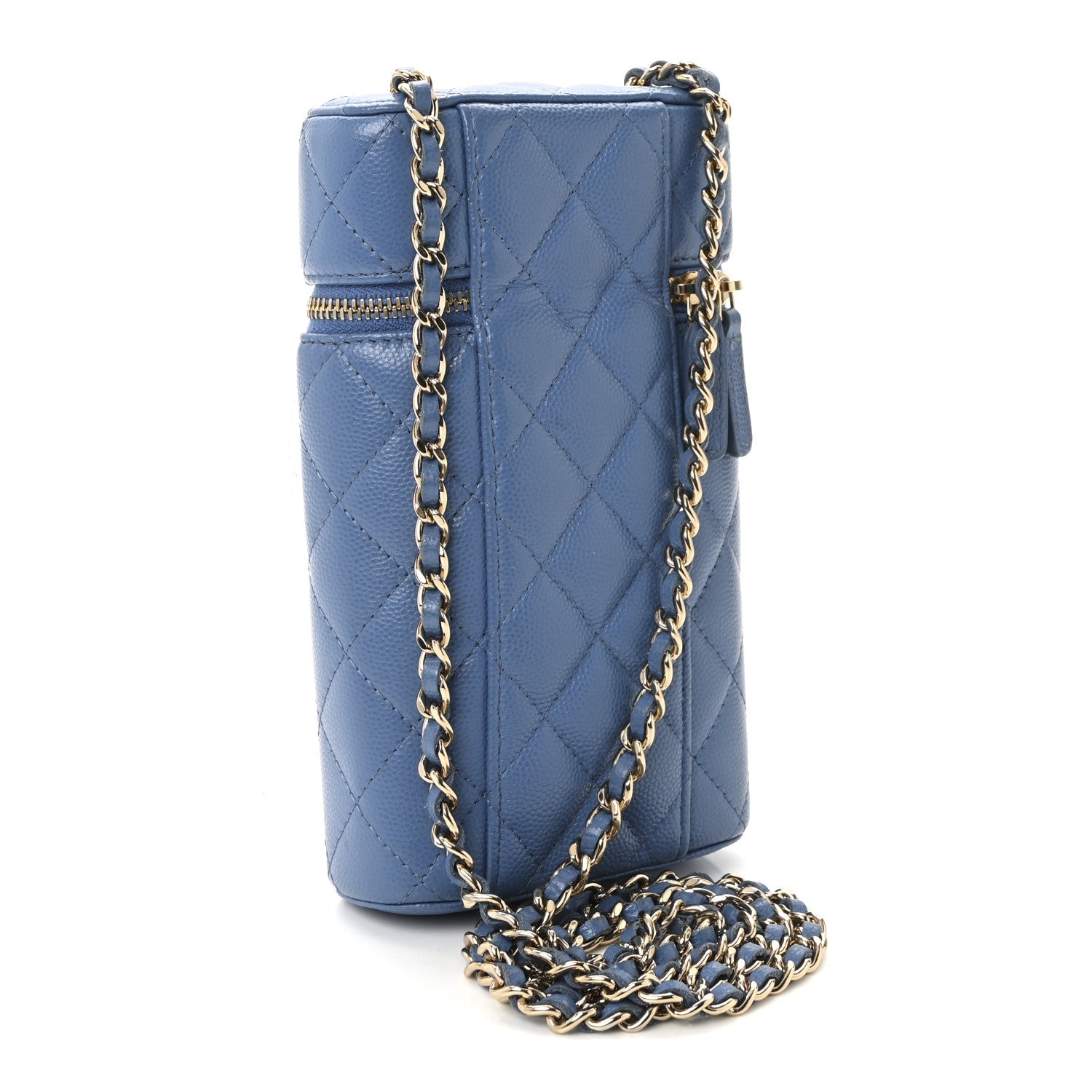 Chanel Caviar Quilted Phone Holder With Chain Blue
