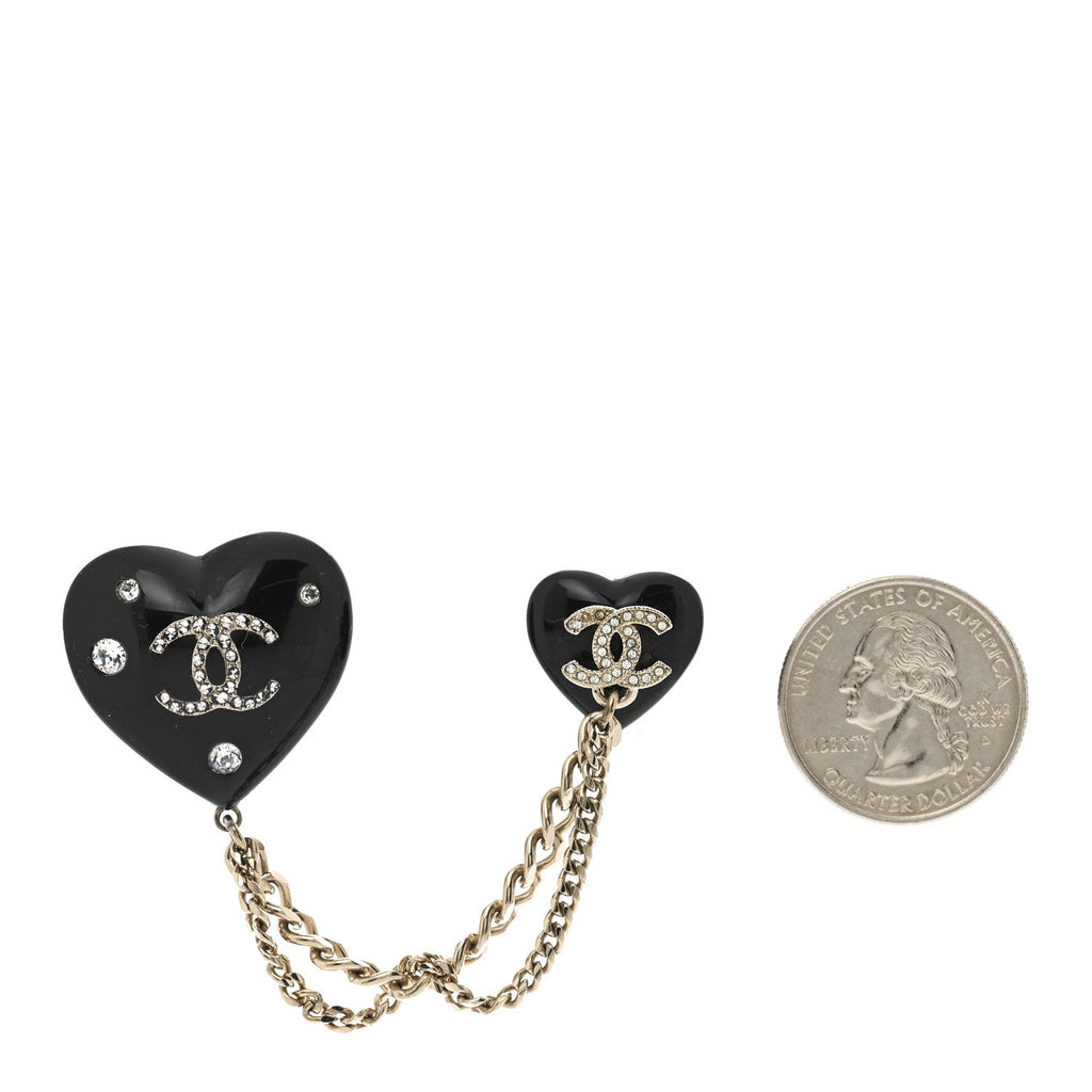 Resin Crystal CC Heart Multi Strand Chain Brooch Black Gold