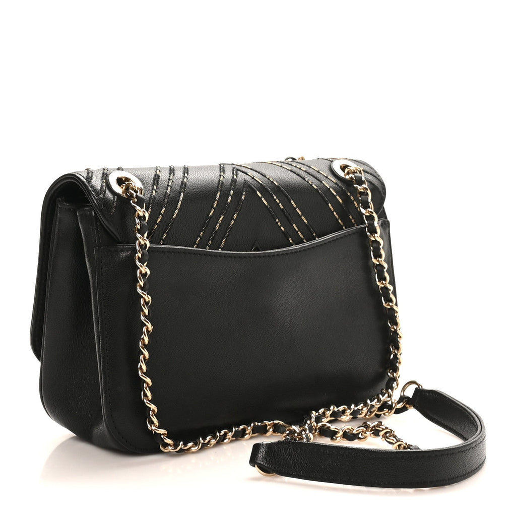 Chanel Calfskin Chevron Beaded Chain Mini Square Flap Black