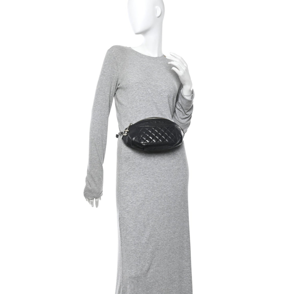 Chanel Crumpled Glazed Lambskin Quilted Waist Bag Fanny Pack Black