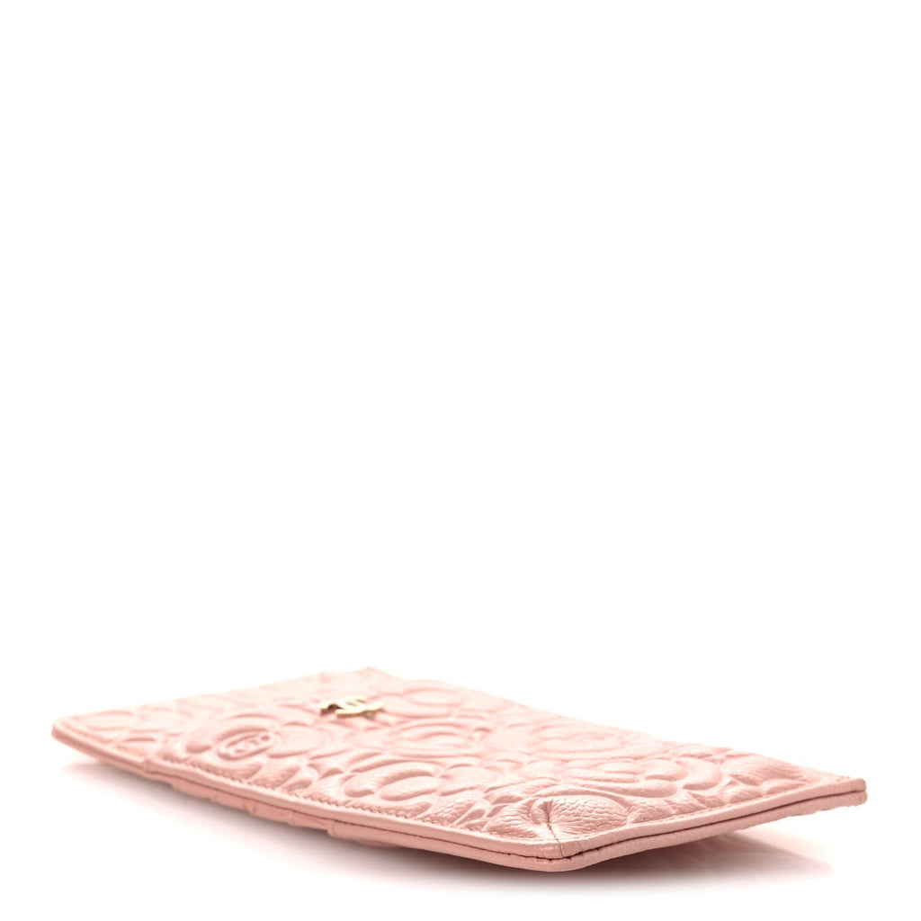 Caviar Camellia Embossed Classic Flat Wallet Pouch Pink