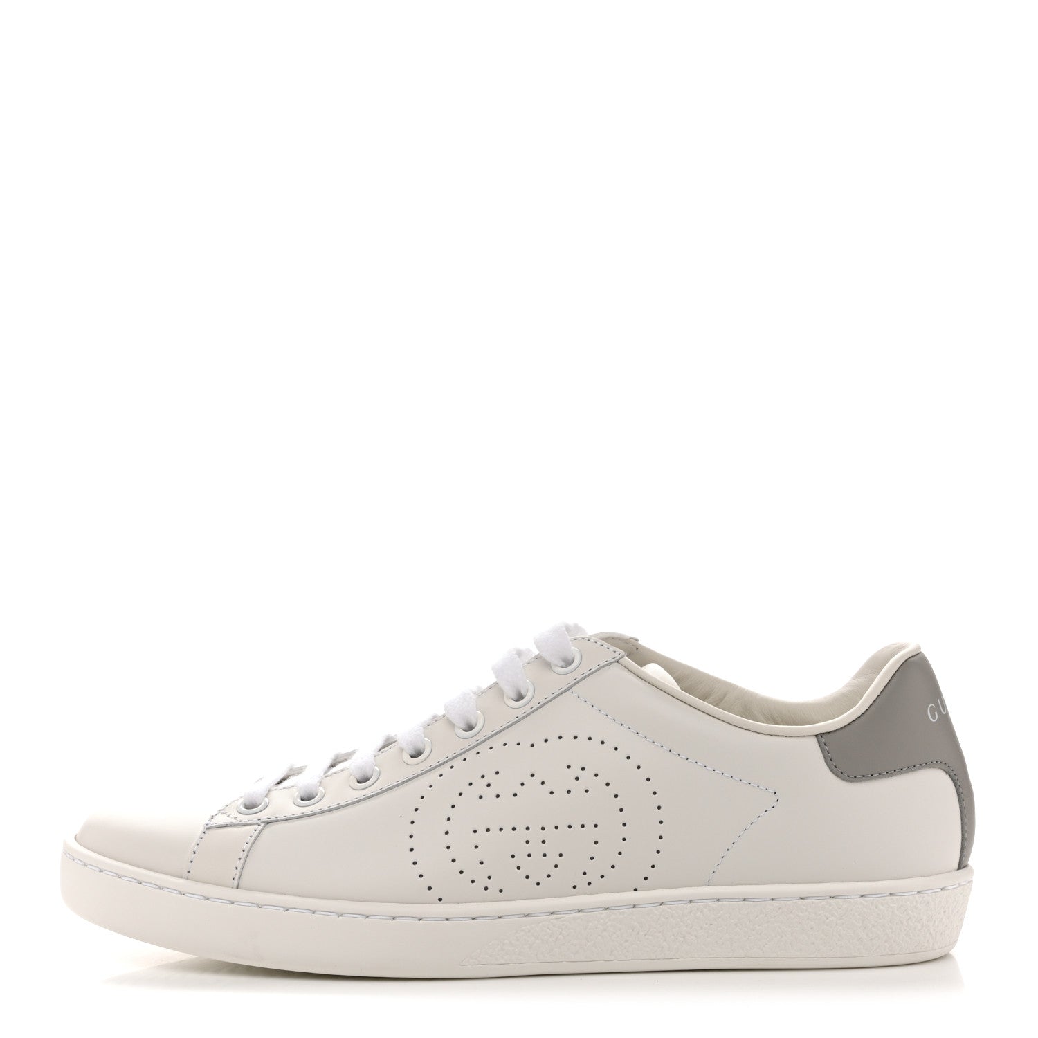 Gucci Calfskin Interlocking G Perforated Womens Ace Sneakers 37.5 White Grey Sky