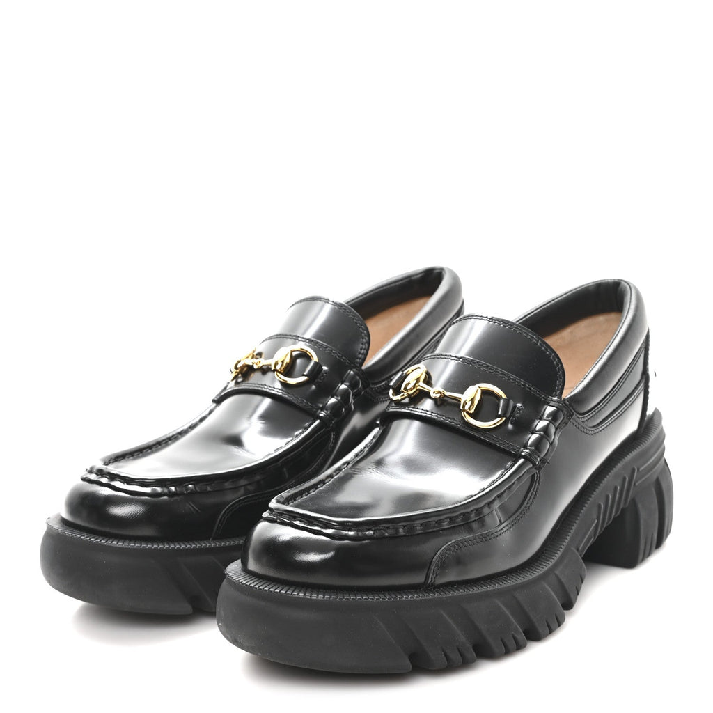 Gucci Magnum Calfskin Nappa Samoa Womens Horsebit Platform Chunky Lug Sole 40mm Loafers 40 Black
