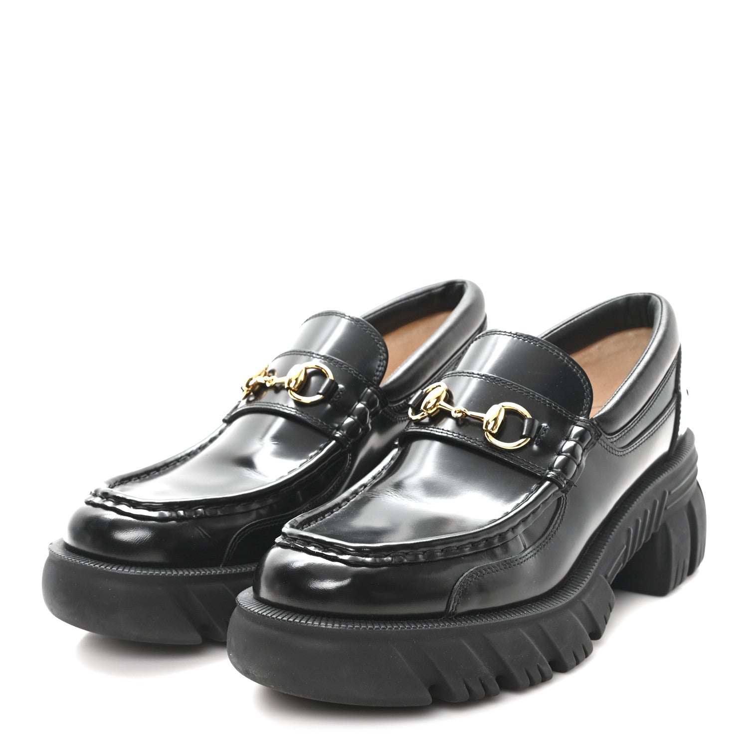 Gucci Magnum Calfskin Nappa Samoa Womens Horsebit Platform Chunky Lug Sole 40mm Loafers 40 Black