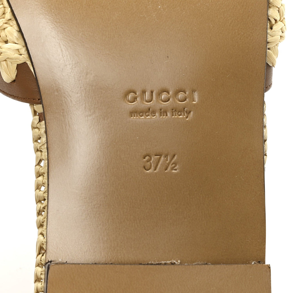 Gucci Raffia Interlocking G Flat Slide Sandals 37.5 Bright Natural Sundial