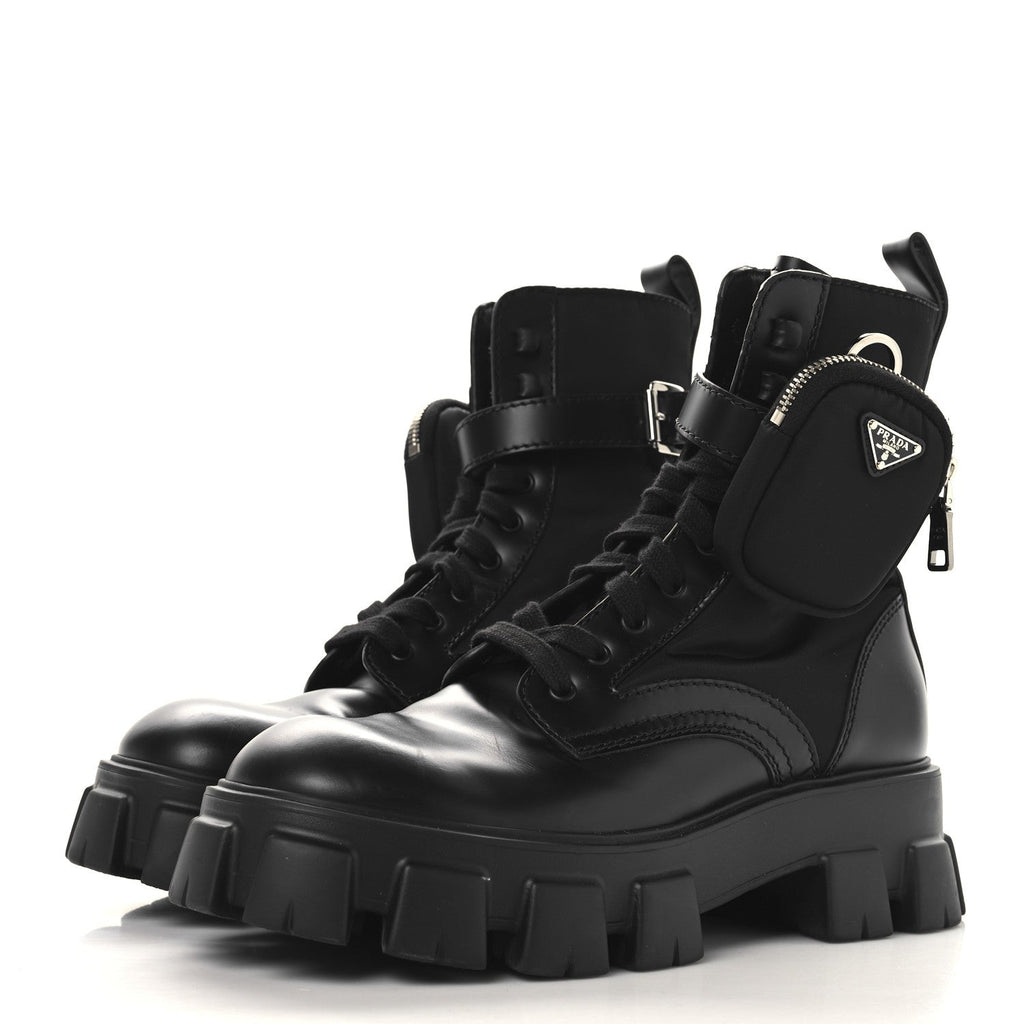 Prada Spazzolato Rois Re-Nylon Metal Triangle Logo Monolith Pouch Pocket 55mm Boots 38 Black