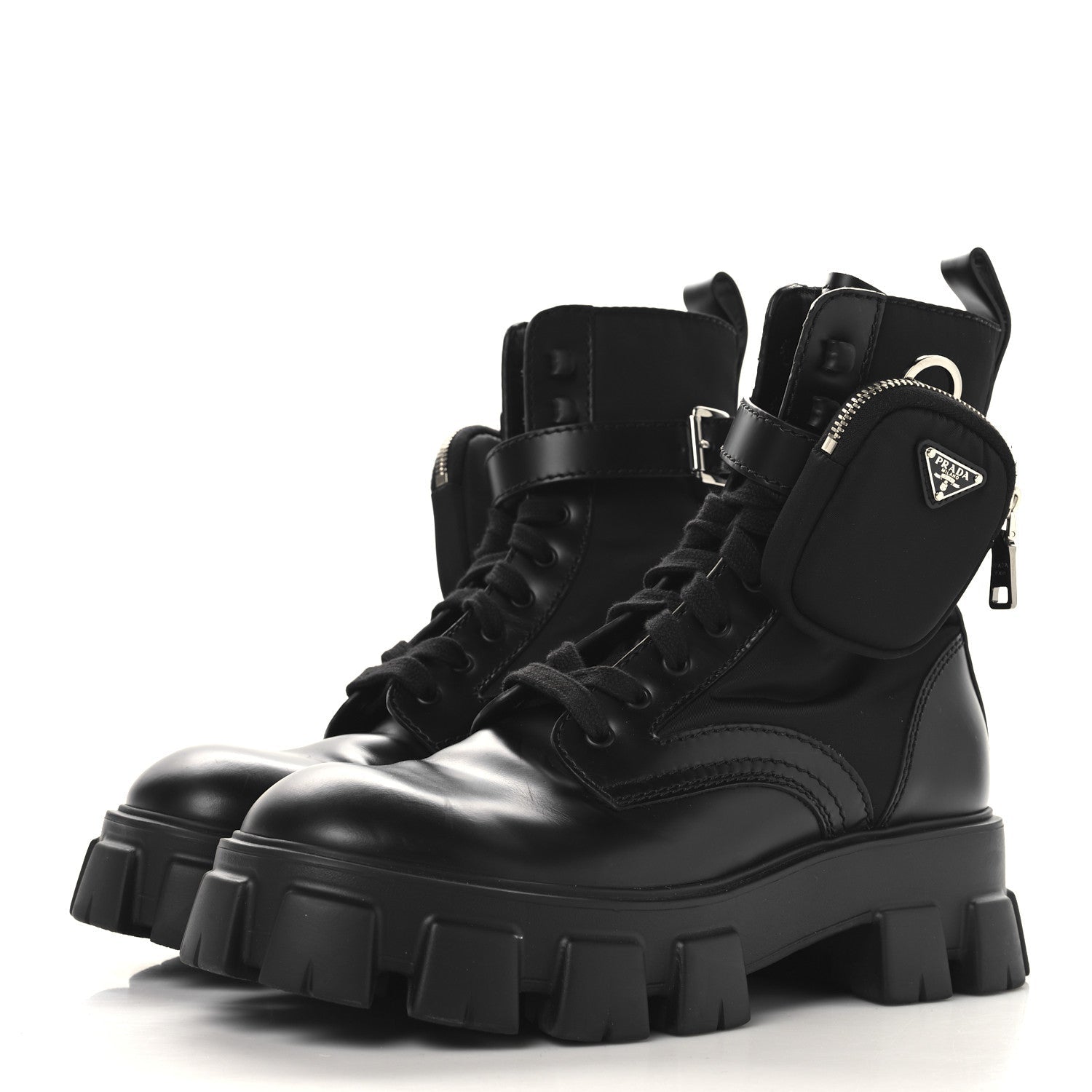 Prada Spazzolato Rois Re-Nylon Metal Triangle Logo Monolith Pouch Pocket 55mm Boots 38 Black