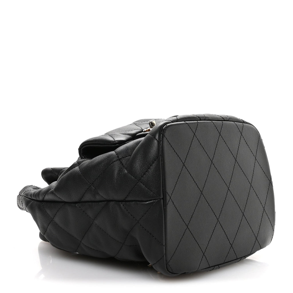 Chanel Lambskin Quilted Double Pocket Drawstring Backpack Black