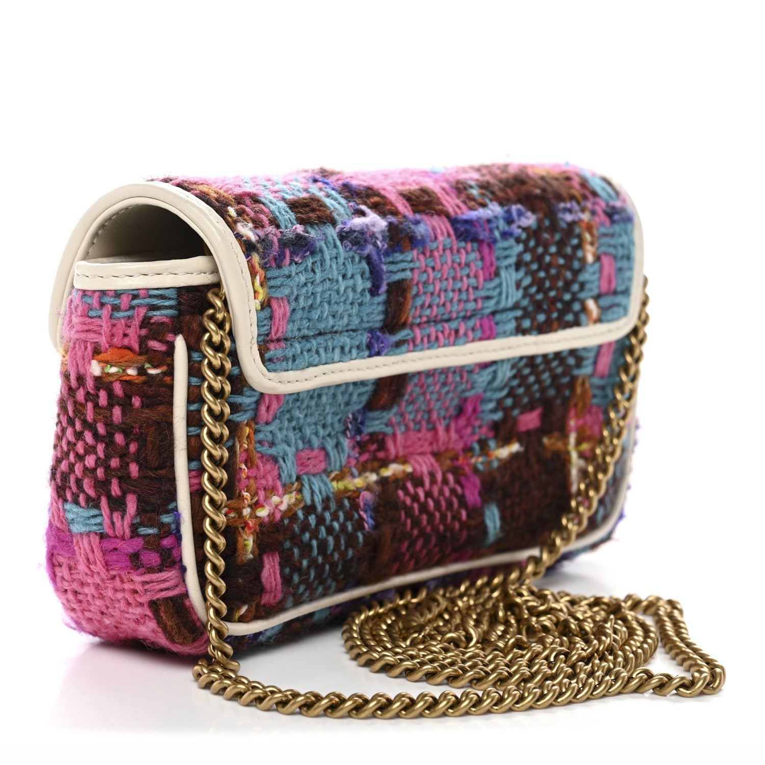 Gucci Tweed Calfskin Spicy Check Super Mini GG Marmont Shoulder Bag Pink Multicolor Mystic White