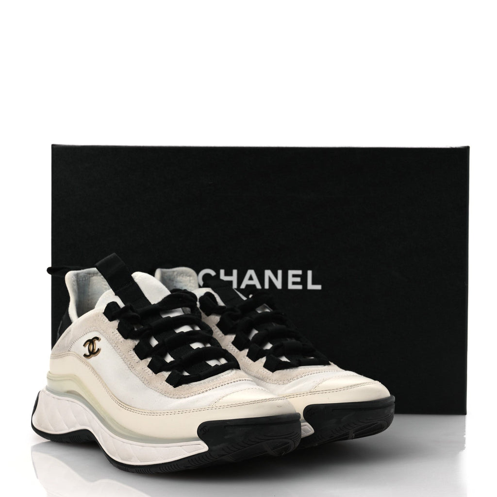 Chanel Velvet Calfskin Mixed Fibers CC Sneakers 36 Ivory Black