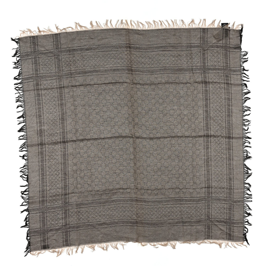 Gucci Wool Silk GG Monogram Diamante Plaid Surviee Shawl Beige Dark Brown