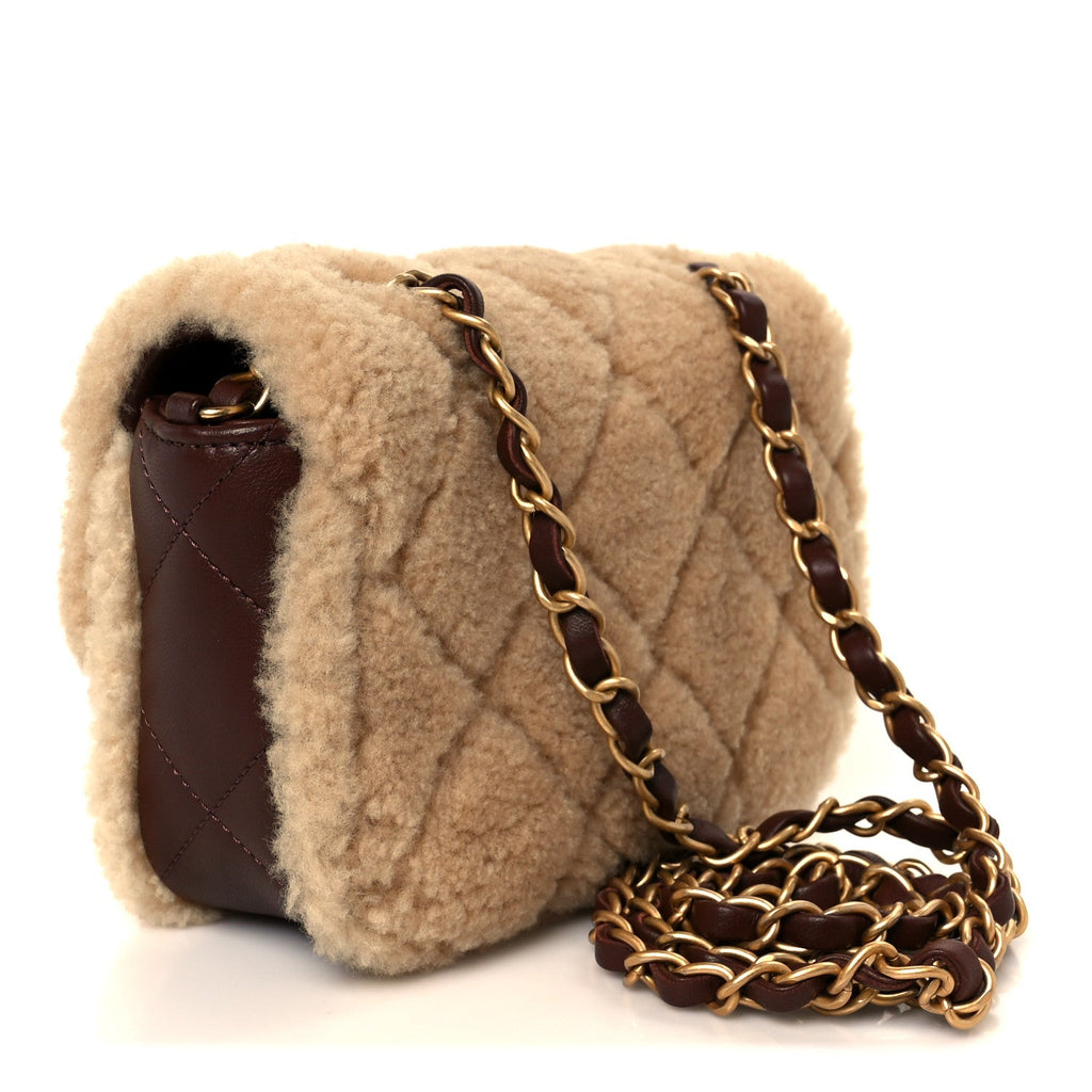 Chanel Shearling Lambskin Quilted Mini Furry Coco Flap Beige Dark Brown