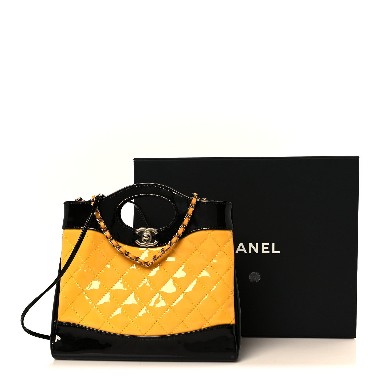 Chanel Patent Calfskin Quilted Mini 31 Shopping Bag Yellow Black