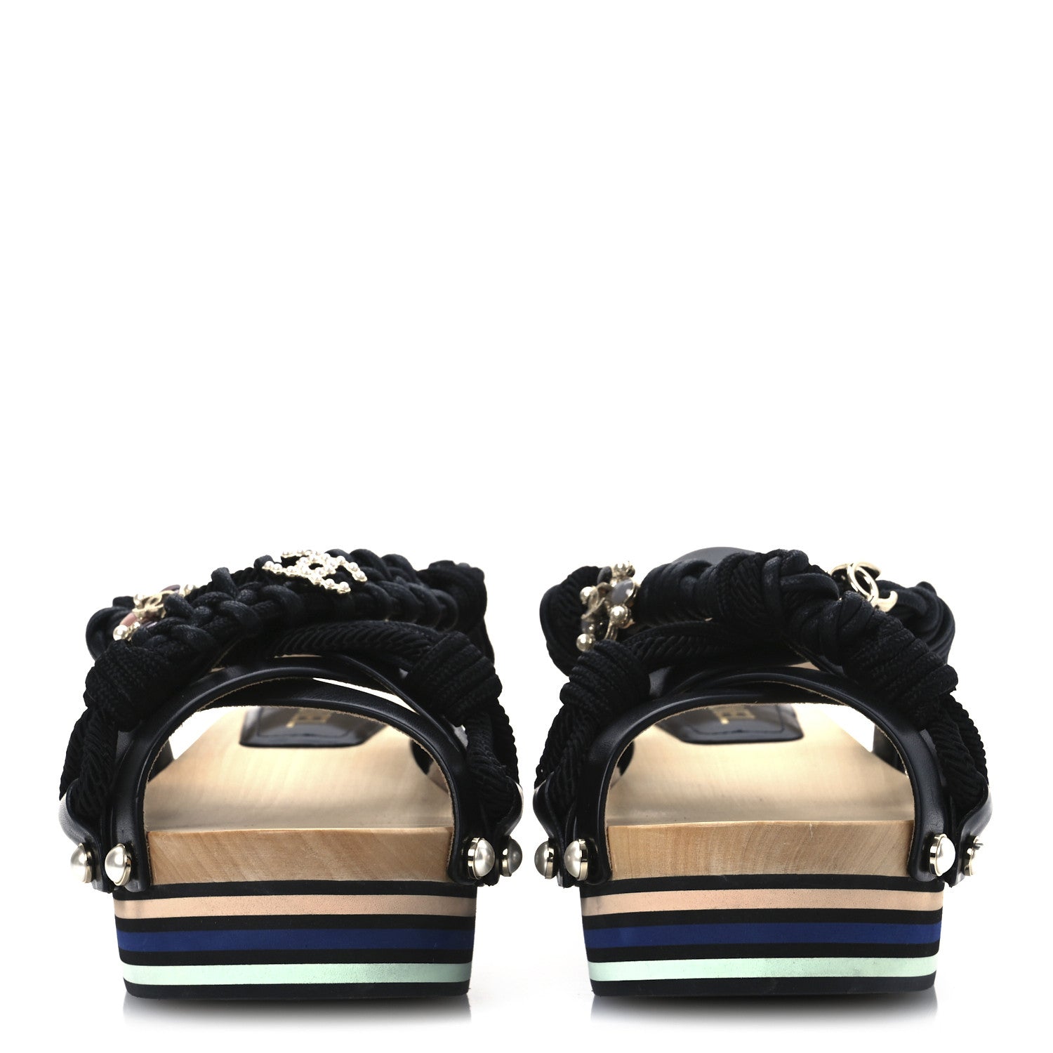 Calfskin Cord Pearl CC Sandals 38 Black
