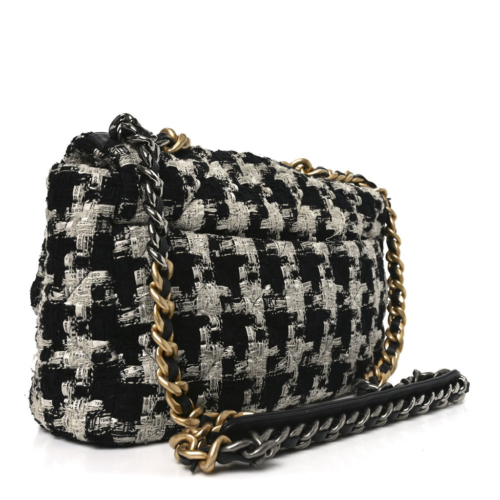 Chanel Tweed Quilted Large Chanel 19 Flap Black Ecru White