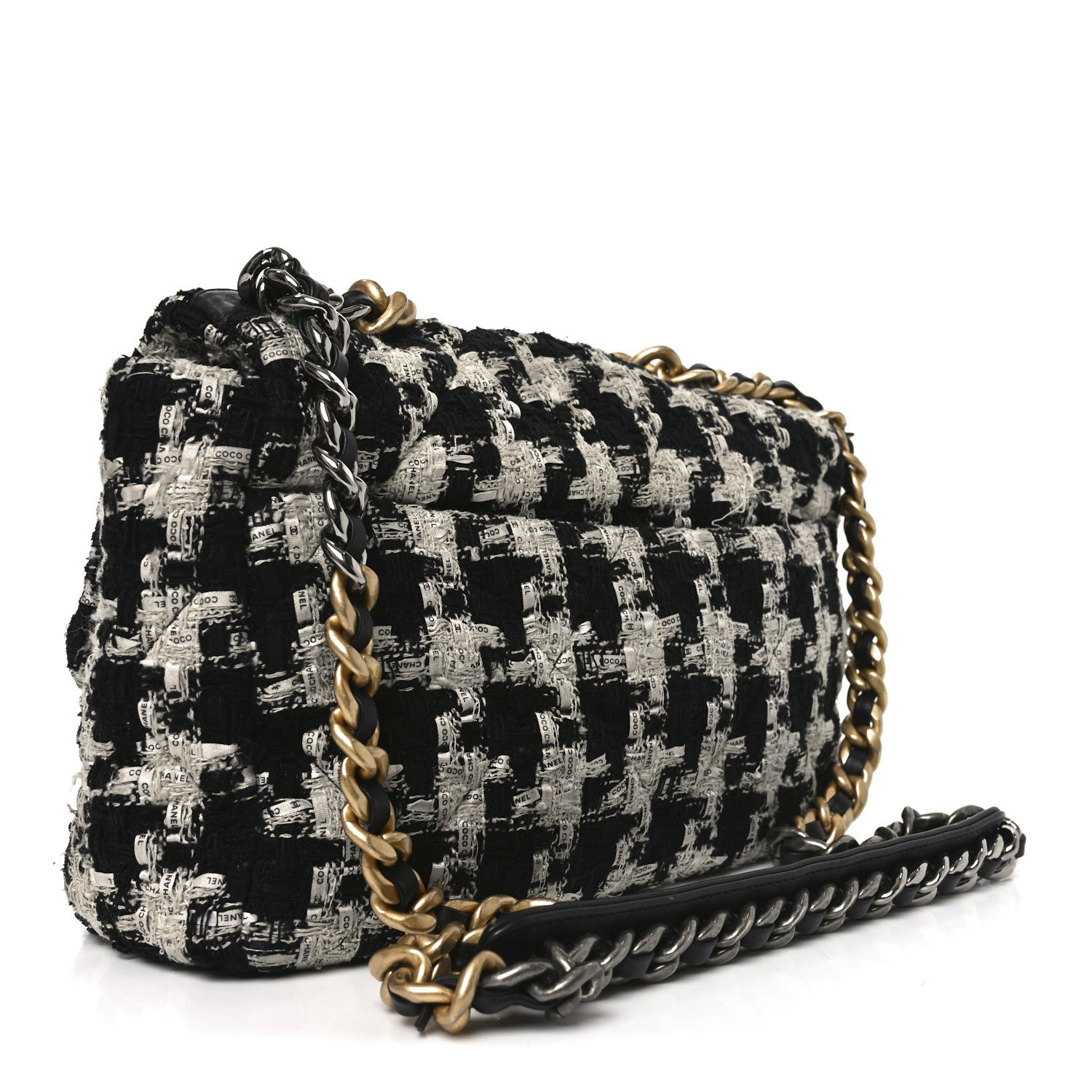 Chanel Tweed Quilted Large Chanel 19 Flap Black Ecru White