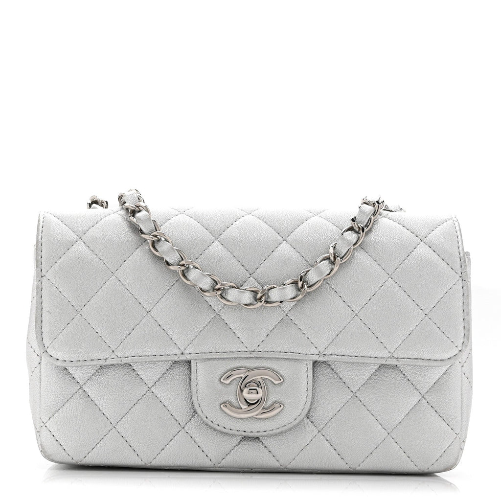 Chanel Metallic Lambskin Quilted Mini Rectangular Flap Silver
