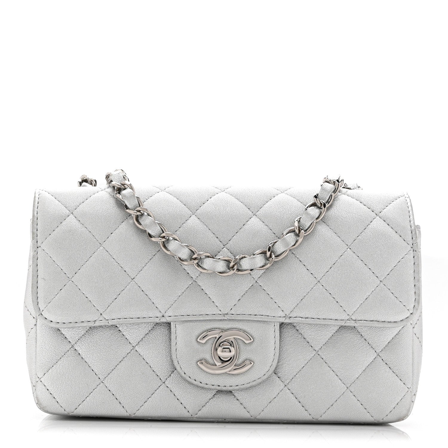 Chanel Metallic Lambskin Quilted Mini Rectangular Flap Silver