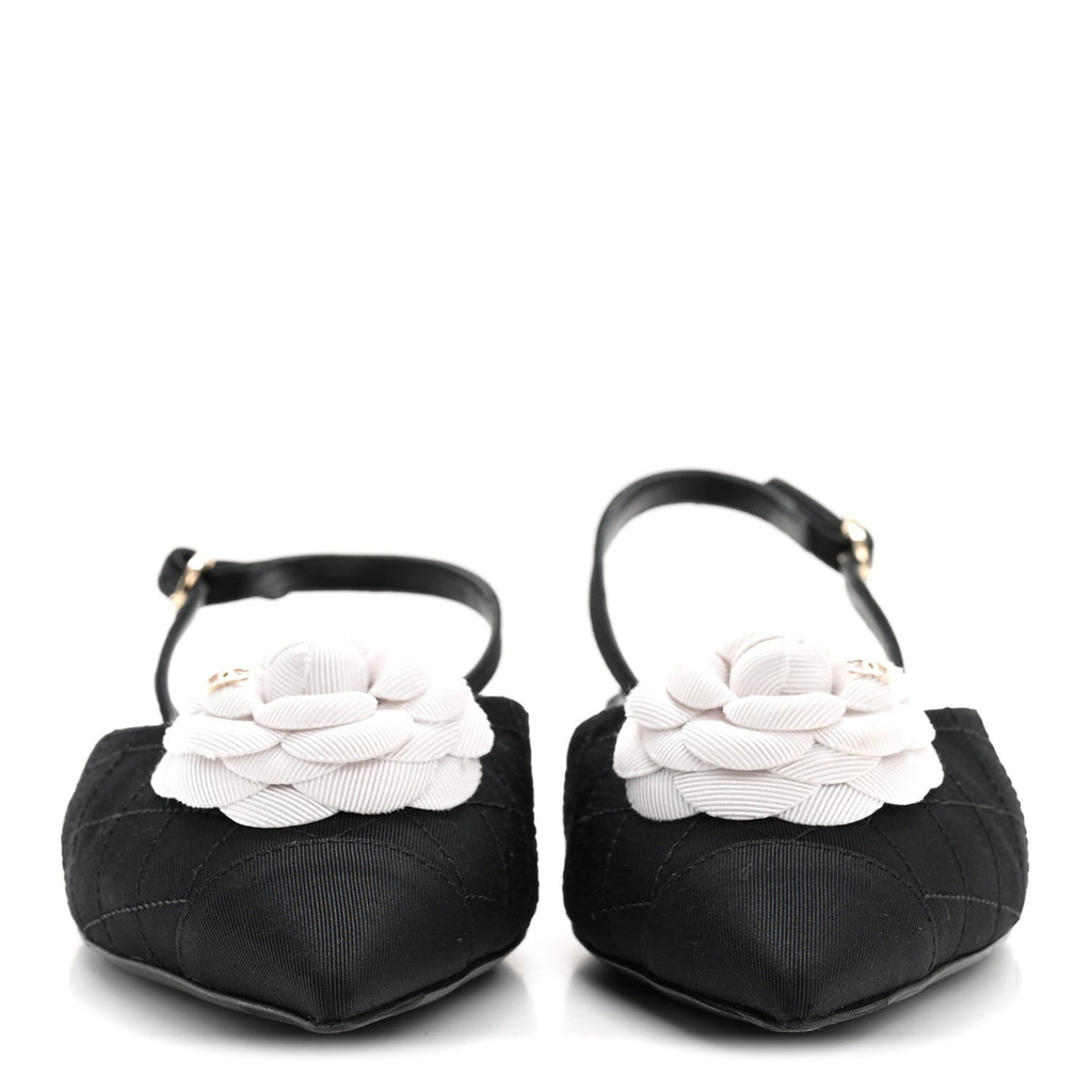 Grosgrain Camellia Slingback Flats 39.5 Black White