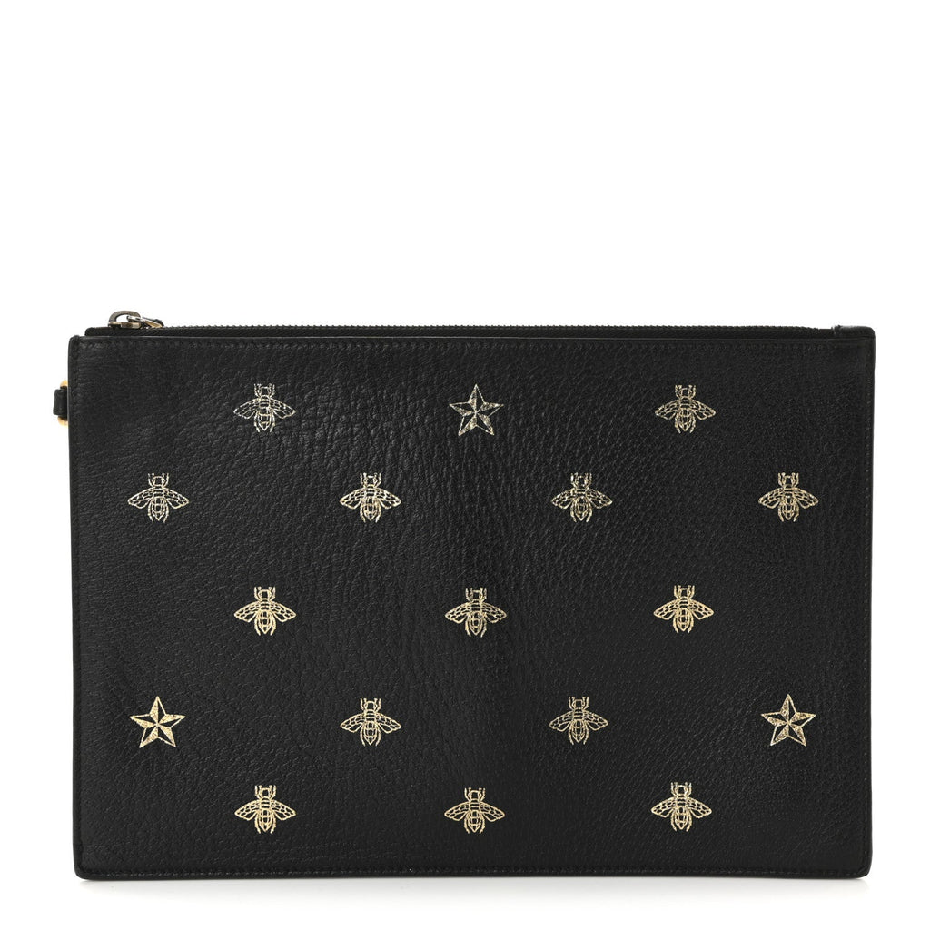 Gucci Dollar Calfskin Boar Effect Bee Star Zip Wristlet Pouch Black