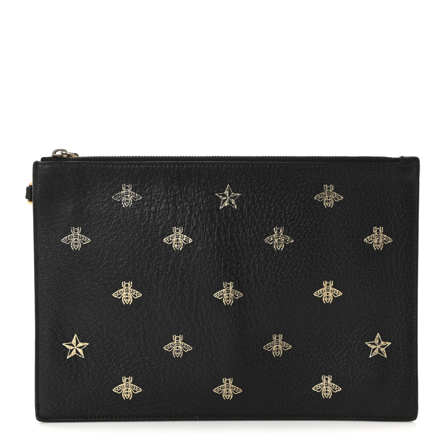 Gucci Dollar Calfskin Boar Effect Bee Star Zip Wristlet Pouch Black