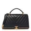 Chanel Sheepskin Chevron Stitched Chain Top Handle Flap Blue