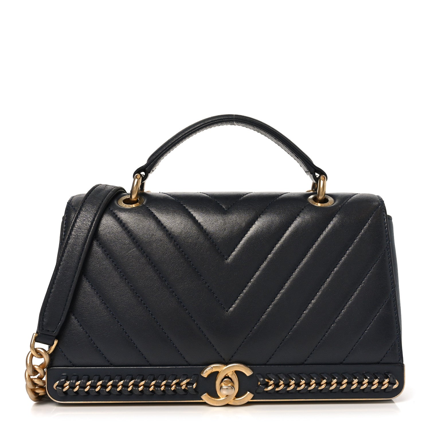 Chanel Sheepskin Chevron Stitched Chain Top Handle Flap Blue