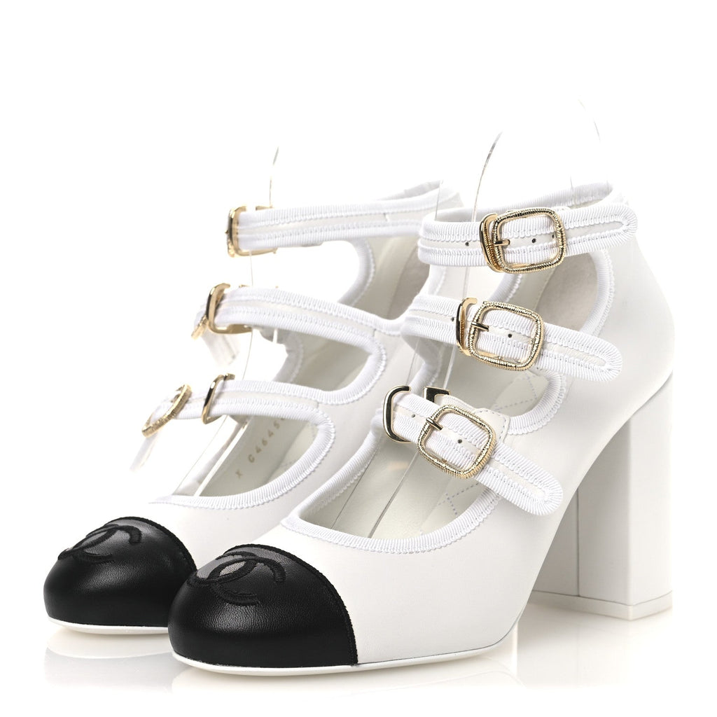 Lambskin Metal Mary Jane Pumps 37 White Black